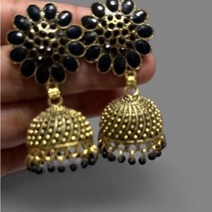 Gold and Black Floral Jhumka Earrings - Women Jewelry
